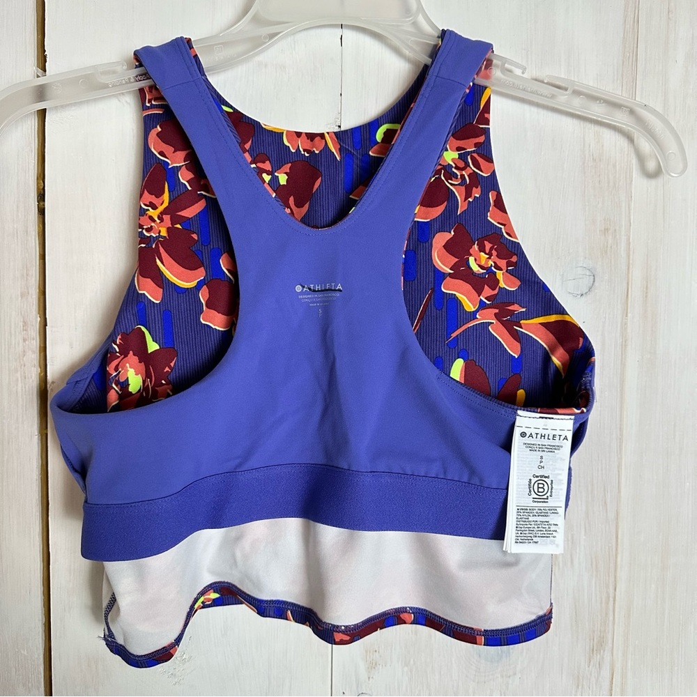 Athleta Conscious Crop‎ Top Blue Purple Floral Removable Pads NWT Bra Small - Picture 6 of 11
